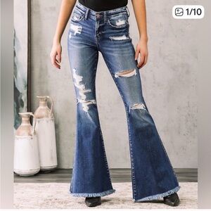 Flying Monkey 29 Mid Rise Super Flare Jeans Light Medium Wash Distressed